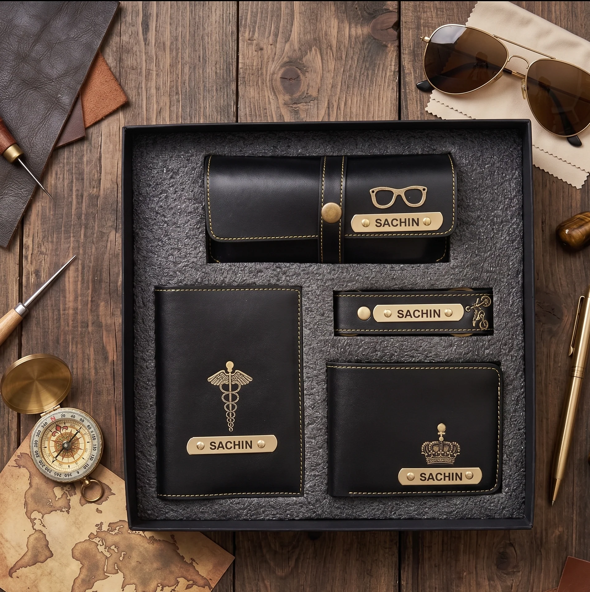 Personalised Men's Gift Set – Wallet, Eyewear Case, Keychain & Passport Cover - Image 3